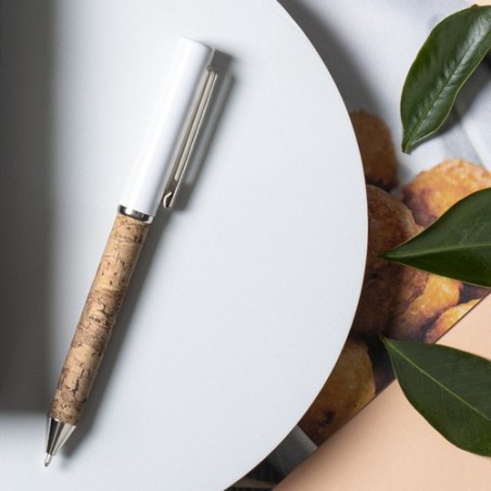 Stylo Élégant Éco-responsable Personnalisé en Écriture - Siliax Matières : liège Couleurs : blanc impression haute définition