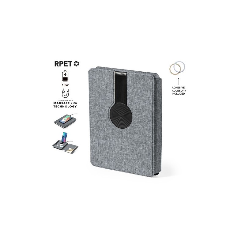 Bloc Notes Multifonction Éco-responsable avec Chargeur et Papeterie Morrison Matières : PET recyclé Couleurs : gris personnalisa