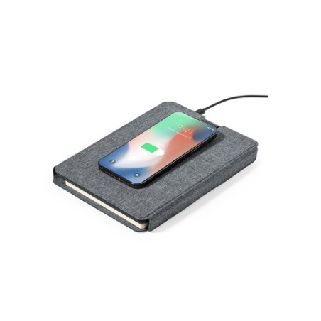 Bloc Notes Multifonction Éco-responsable avec Chargeur et Papeterie Morrison Matières : PET recyclé Couleurs : gris marquage las