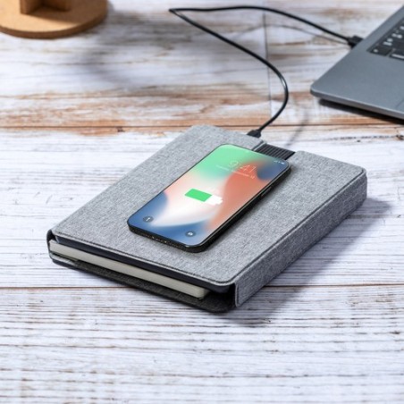 Bloc Notes Multifonction Éco-responsable avec Chargeur et Papeterie Morrison Matières : PET recyclé Couleurs : gris cadeau colla