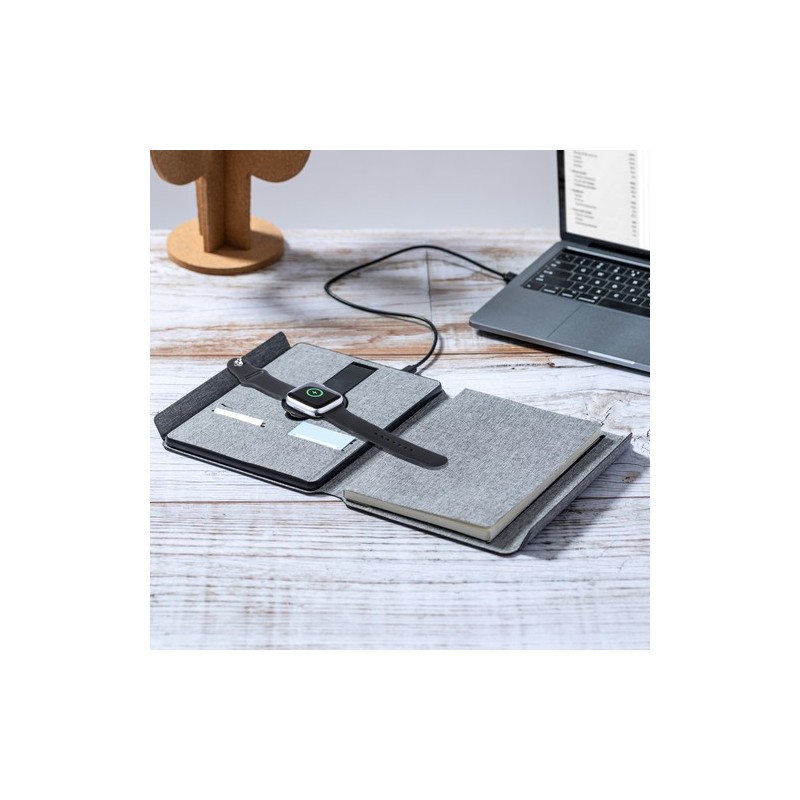Bloc Notes Multifonction Éco-responsable avec Chargeur et Papeterie Morrison Matières : PET recyclé Couleurs : gris personnalisa