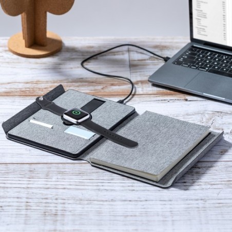 Bloc Notes Multifonction Éco-responsable avec Chargeur et Papeterie Morrison Matières : PET recyclé Couleurs : gris personnalisa