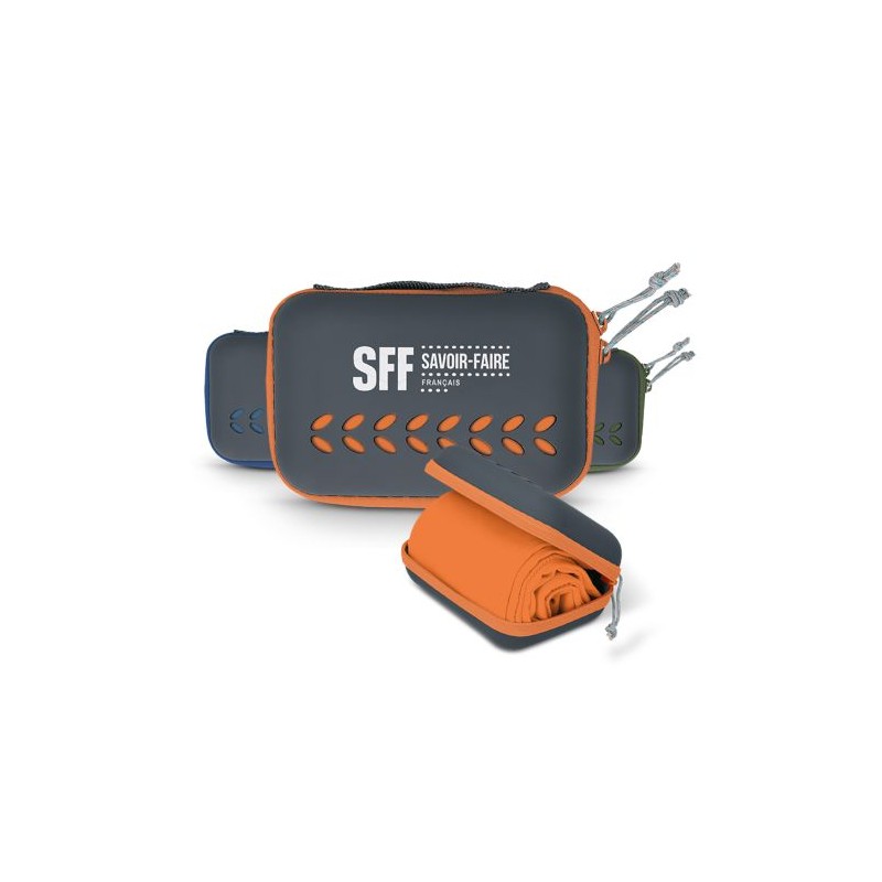 Serviette de sport microfibre avec boîte de rangement personnalisée objet publicitaire robuste