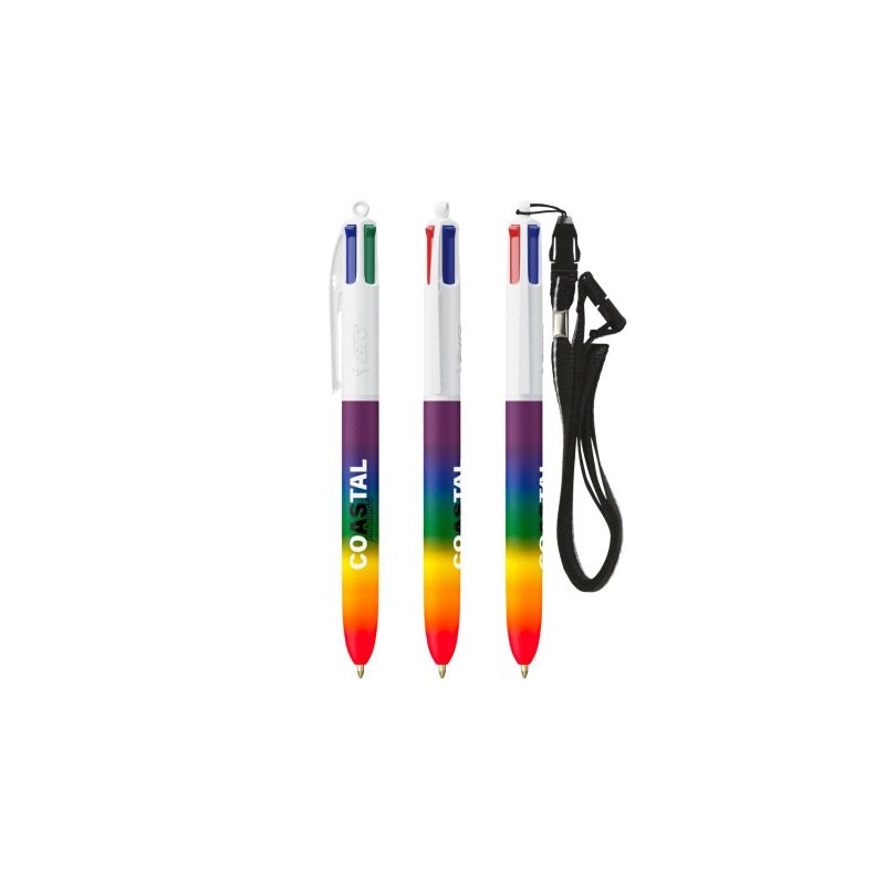 Stylo Multicolore Personnalisé Éco-responsable avec Lanyard BIC® 4 Couleurs® Rainbow Decor Matières : plastique Couleurs : blanc