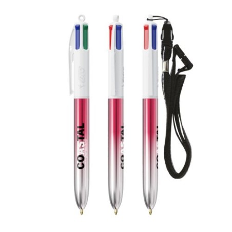 Stylos Bicolor 4 Couleurs® Personnalisés avec Lanière - BIC® Matières : plastique Couleurs : turquoise