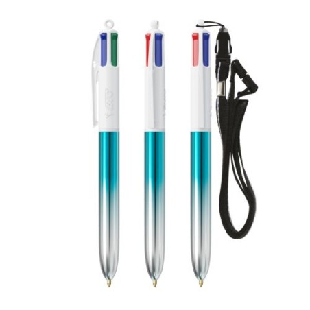 Stylos Bicolor 4 Couleurs® Personnalisés avec Lanière - BIC® Matières : plastique Couleurs : turquoise cadeau client original