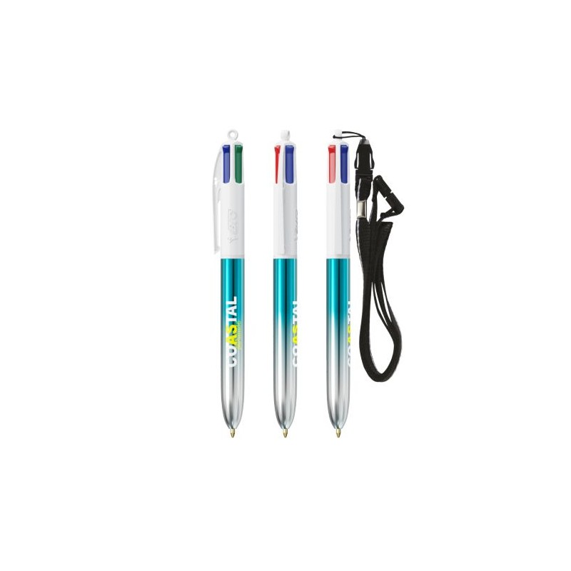 Stylos Bicolor 4 Couleurs® Personnalisés avec Lanière - BIC® Matières : plastique Couleurs : turquoise goodies personnalisé en s