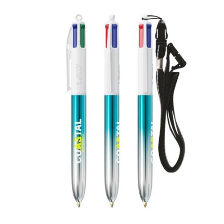 Stylos Bicolor 4 Couleurs® Personnalisés avec Lanière - BIC® Matières : plastique Couleurs : turquoise goodies personnalisé en s