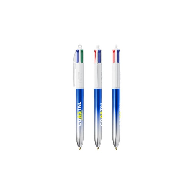 Stylos Bicolor 4 Couleurs® Personnalisés avec Lanière - BIC® Matières : plastique Couleurs : bleu marquage laser ultra précis