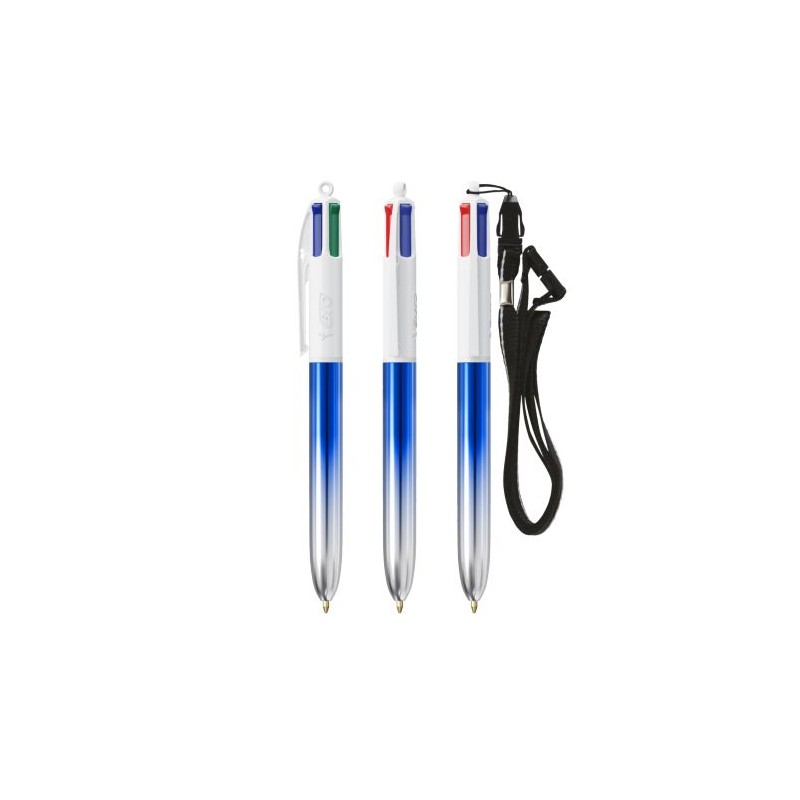 Stylos Bicolor 4 Couleurs® Personnalisés avec Lanière - BIC® Matières : plastique Couleurs : bleu objet publicitaire robuste