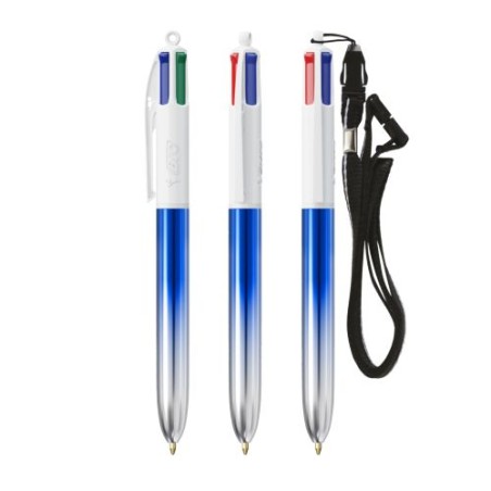 Stylos Bicolor 4 Couleurs® Personnalisés avec Lanière - BIC® Matières : plastique Couleurs : bleu objet publicitaire robuste