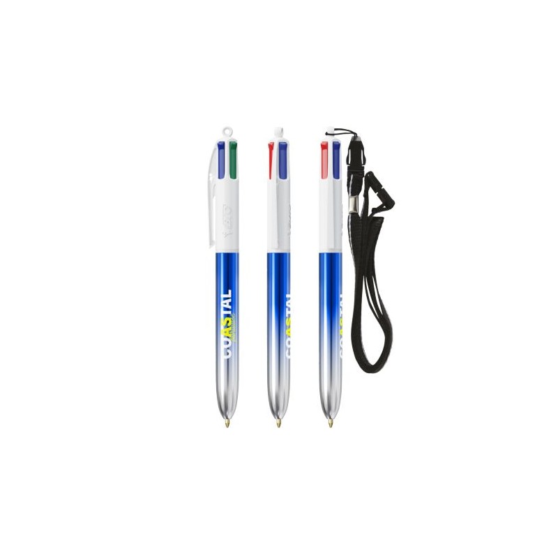 Stylos Bicolor 4 Couleurs® Personnalisés avec Lanière - BIC® Matières : plastique Couleurs : bleu marquage couleur éclatante