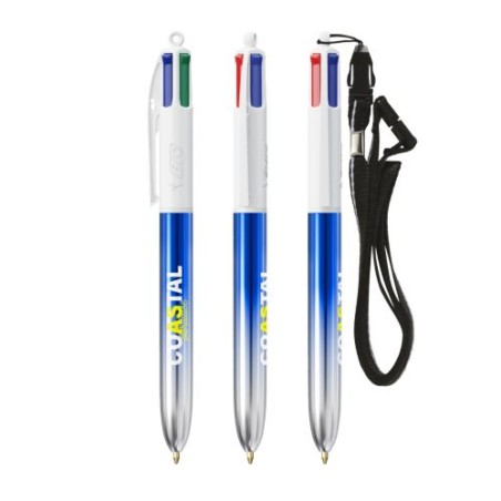 Stylos Bicolor 4 Couleurs® Personnalisés avec Lanière - BIC® Matières : plastique Couleurs : bleu marquage couleur éclatante