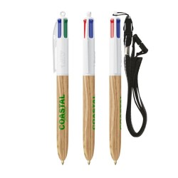Stylo Éco-responsable 4 Couleurs en Bois avec Lanière BIC® Matières : plastique Couleurs : naturel
