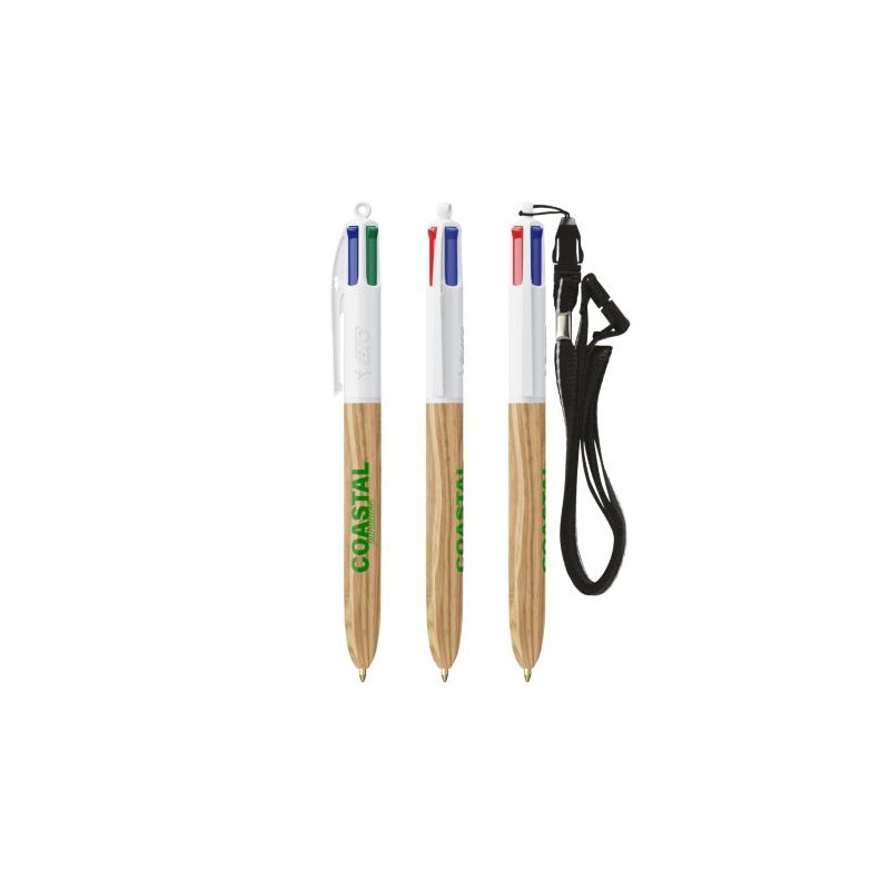 Stylo Éco-responsable 4 Couleurs en Bois avec Lanière BIC® Matières : plastique Couleurs : naturel