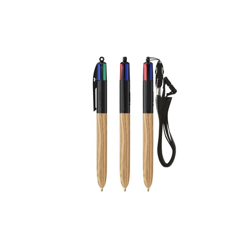 Stylo Éco-responsable 4 Couleurs en Bois avec Lanière BIC® Matières : plastique Couleurs : naturel objet promo petit budget