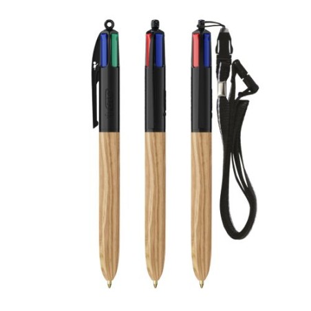 Stylo Éco-responsable 4 Couleurs en Bois avec Lanière BIC® Matières : plastique Couleurs : naturel objet promo petit budget