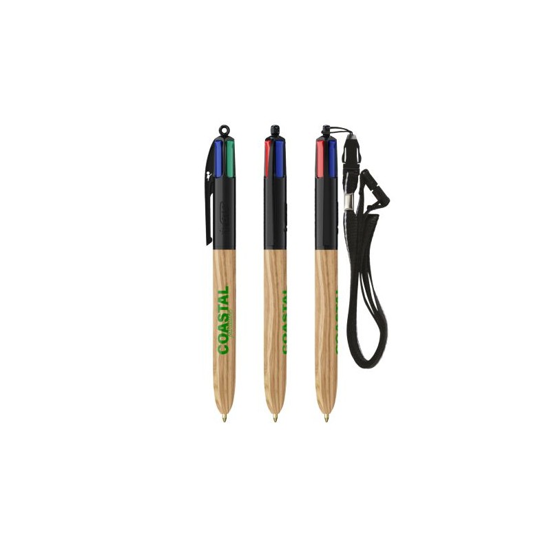 Stylo Éco-responsable 4 Couleurs en Bois avec Lanière BIC® Matières : plastique Couleurs : naturel goodies publicitaire durable