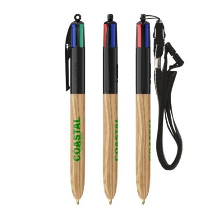 Stylo Éco-responsable 4 Couleurs en Bois avec Lanière BIC® Matières : plastique Couleurs : naturel goodies publicitaire durable