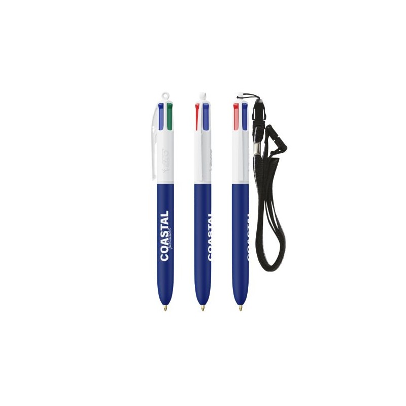 Stylo personnalisé multicouleurs avec lanyard BIC® 4 Couleurs Soft Matières : plastique Couleurs : blanc cadeau entreprise pas c