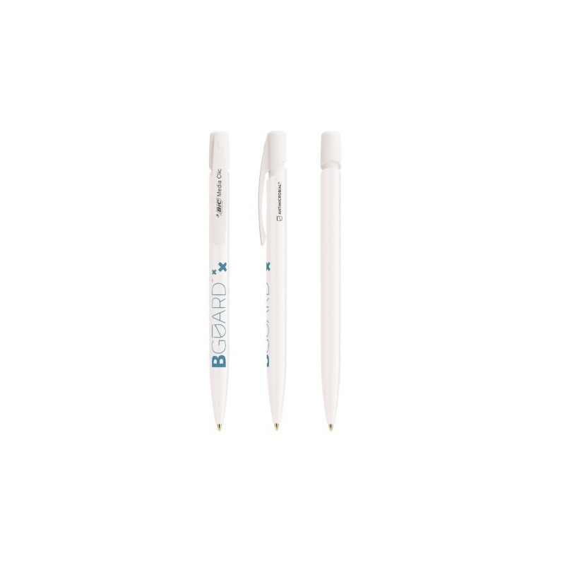 Stylo bille personnalisé antimicrobien  BIC® Media Clic BGUARD™ Matières : plastique Couleurs : blanc personnalisable avec votre