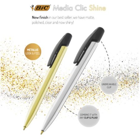 Stylo Bille Éco-responsable Personnalisé de Qualité Media Clic Shine BIC® Matières : plastique Couleurs : argenté cadeau collabo