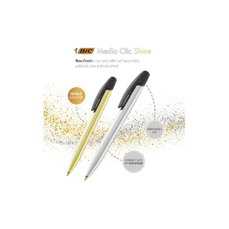 Stylo Bille Éco-responsable Personnalisé de Qualité Media Clic Shine BIC® Matières : plastique Couleurs : doré personnalisation 
