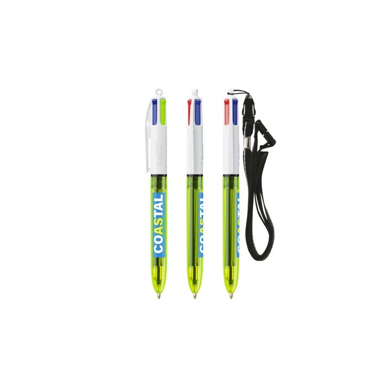 Stylo bille fluo personnalisé 4 couleurs avec lanyard BIC® Matières : plastique Couleurs : jaune transparent