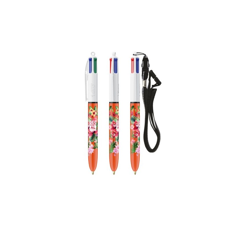 Stylo publicitaire 4 couleurs fluo à bille avec lanyard - BIC® Matières : plastique Couleurs : blanc