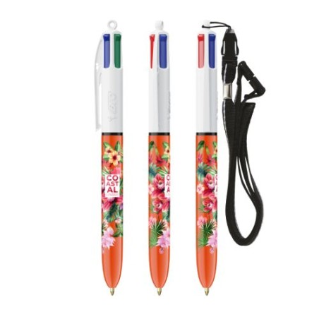 Stylo publicitaire 4 couleurs fluo à bille avec lanyard - BIC® Matières : plastique Couleurs : blanc