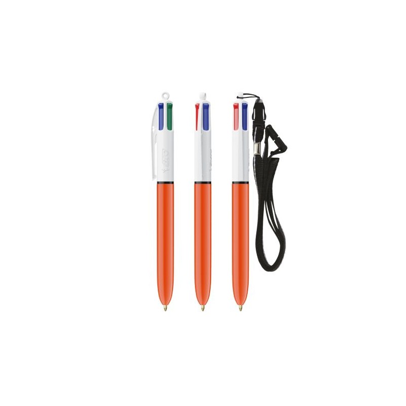 Stylo publicitaire 4 couleurs fluo à bille avec lanyard - BIC® Matières : plastique Couleurs : blanc impression haute définition