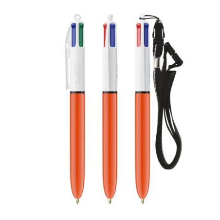 Stylo publicitaire 4 couleurs fluo à bille avec lanyard - BIC® Matières : plastique Couleurs : blanc impression haute définition