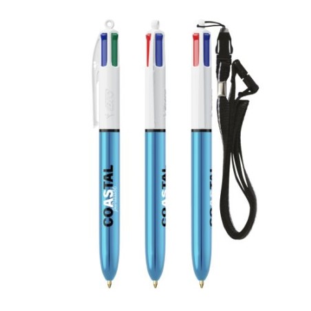 Stylo Bille Personnalisé 4 Couleurs Shine avec Lanyard - BIC® Matières : plastique Couleurs : blanc