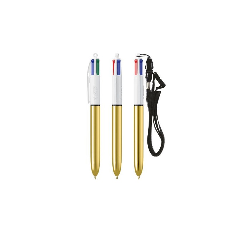 Stylo Bille Personnalisé 4 Couleurs Shine avec Lanyard - BIC® Matières : plastique Couleurs : blanc personnalisation sur mesure