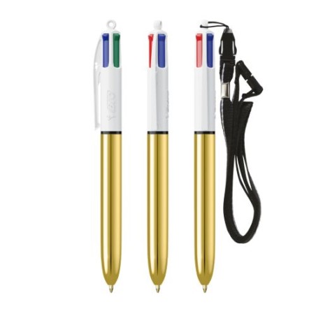 Stylo Bille Personnalisé 4 Couleurs Shine avec Lanyard - BIC® Matières : plastique Couleurs : blanc personnalisation sur mesure