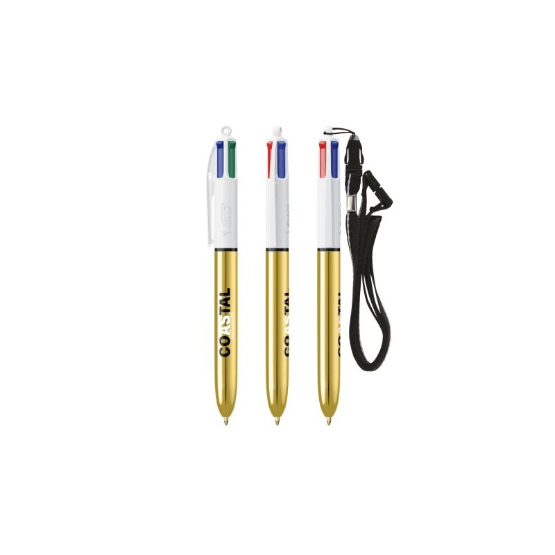 Stylo Bille Personnalisé 4 Couleurs Shine avec Lanyard - BIC® Matières : plastique Couleurs : blanc goodies publicitaire durable