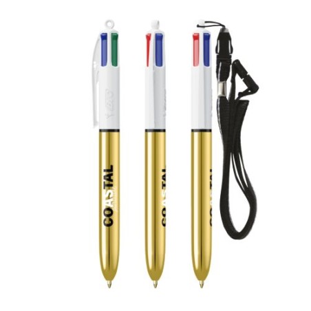 Stylo Bille Personnalisé 4 Couleurs Shine avec Lanyard - BIC® Matières : plastique Couleurs : blanc goodies publicitaire durable
