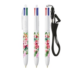 Stylo Bille Personnalisé 4 Couleurs Éco-responsable avec Lanyard - BIC® Matières : plastique Couleurs : blanc