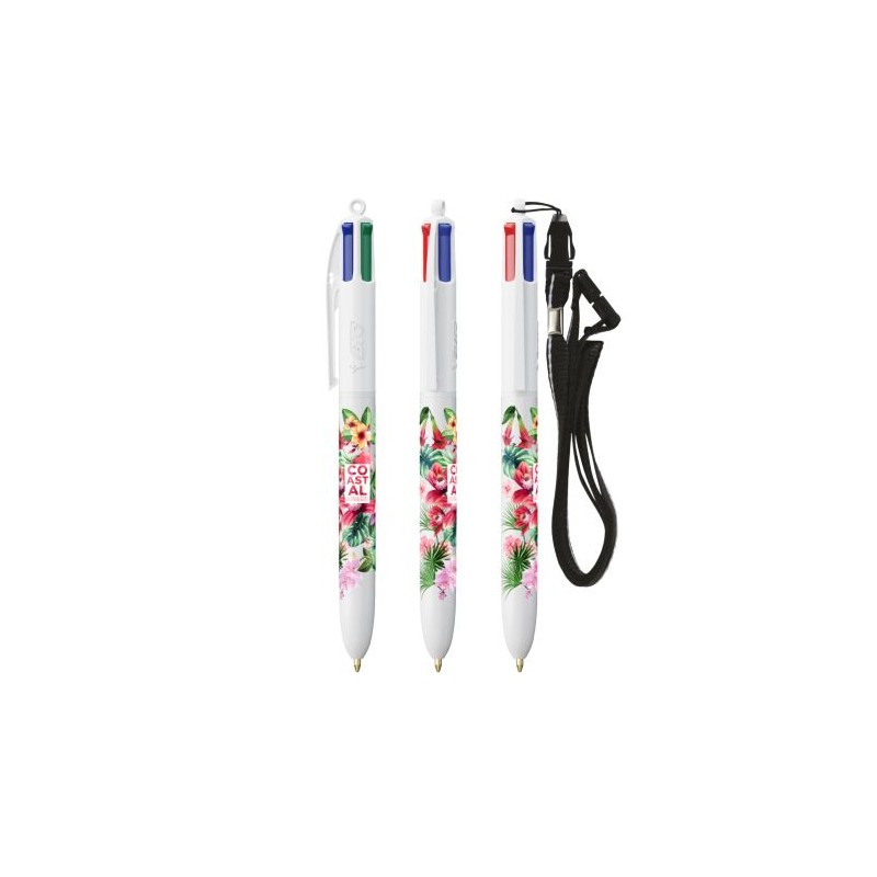 Stylo Bille Personnalisé 4 Couleurs Éco-responsable avec Lanyard - BIC® Matières : plastique Couleurs : blanc