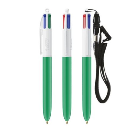 Stylo Bille Personnalisé 4 Couleurs Éco-responsable avec Lanyard - BIC® Matières : plastique Couleurs : blanc personnalisable av