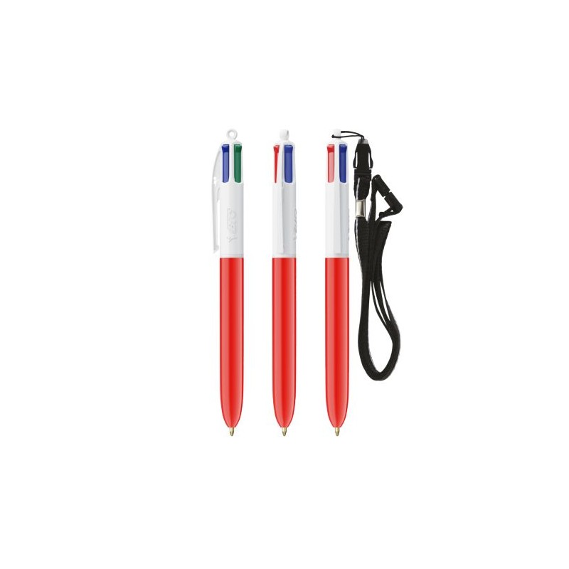 Stylo Bille Personnalisé 4 Couleurs Éco-responsable avec Lanyard - BIC® Matières : plastique Couleurs : blanc marquage laser ult