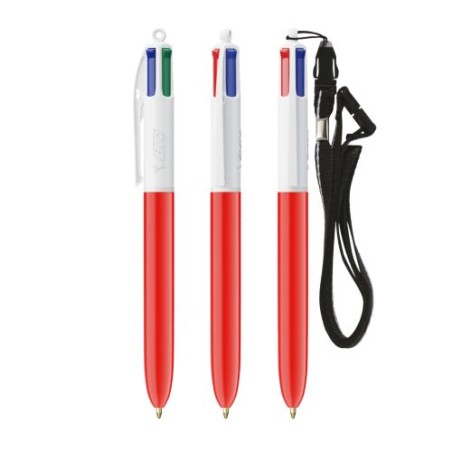 Stylo Bille Personnalisé 4 Couleurs Éco-responsable avec Lanyard - BIC® Matières : plastique Couleurs : blanc marquage laser ult