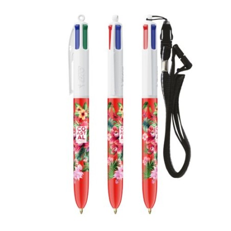 Stylo Bille Personnalisé 4 Couleurs Éco-responsable avec Lanyard - BIC® Matières : plastique Couleurs : blanc objet promotionnel