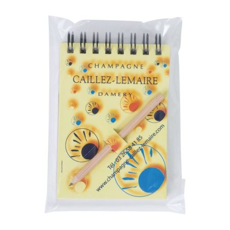 Bloc-notes A7 avec crayon - Étui noir personnalisable pour objets publicitaires impression haute définition