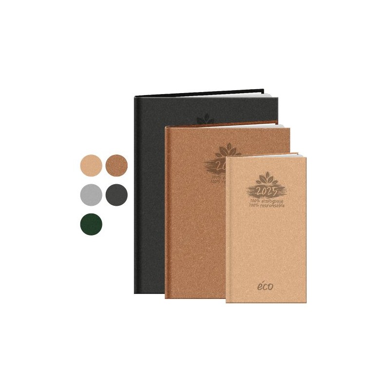 Agenda Éco-responsable Pratique et Personnalisé 2025 - ECO Couleurs : vert foncé Matières : papier (FSC) impression logo haute q