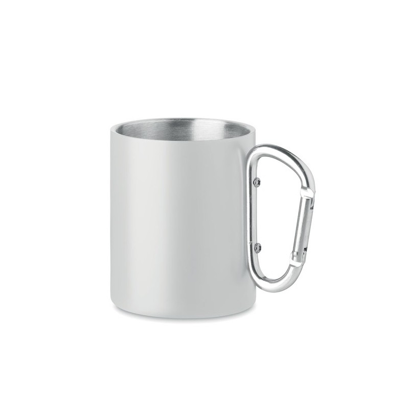 Mug en métal personnalisé avec anse mousqueton - AROM Matières : acier inoxydable Couleurs : blanc