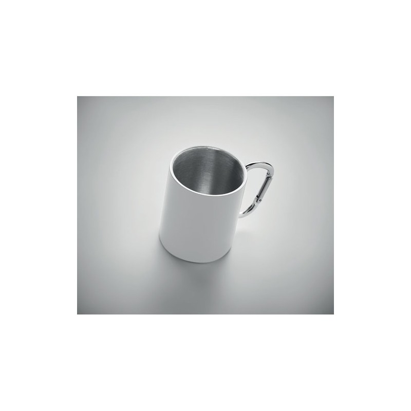 Mug en métal personnalisé avec anse mousqueton - AROM Matières : acier inoxydable Couleurs : blanc personnalisable avec votre lo