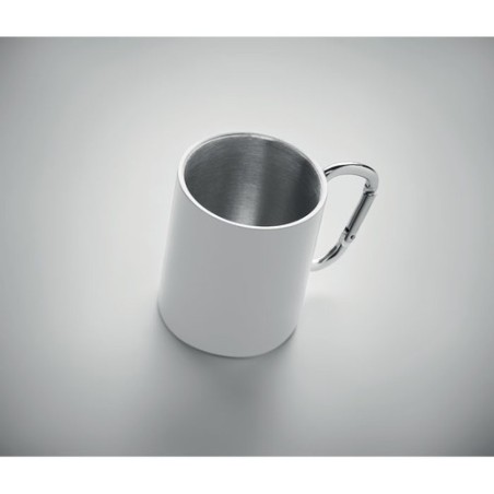 Mug en métal personnalisé avec anse mousqueton - AROM Matières : acier inoxydable Couleurs : blanc personnalisable avec votre lo