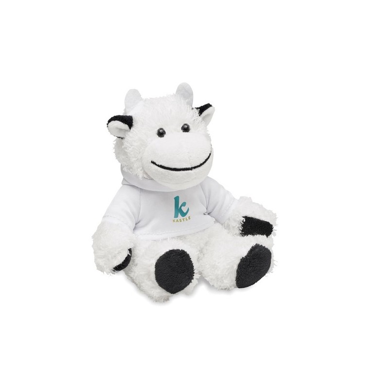 Peluche Vache Personnalisée Publicitaire MANNY Matières : PET Couleurs : blanc goodies publicitaire événementiel