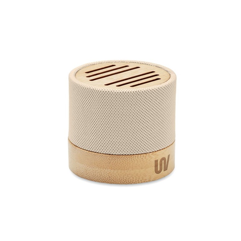 Haut-parleur Éco-responsable Personnalisé en Bambou RPET - BOOL Couleurs : beige personnalisable avec votre logo